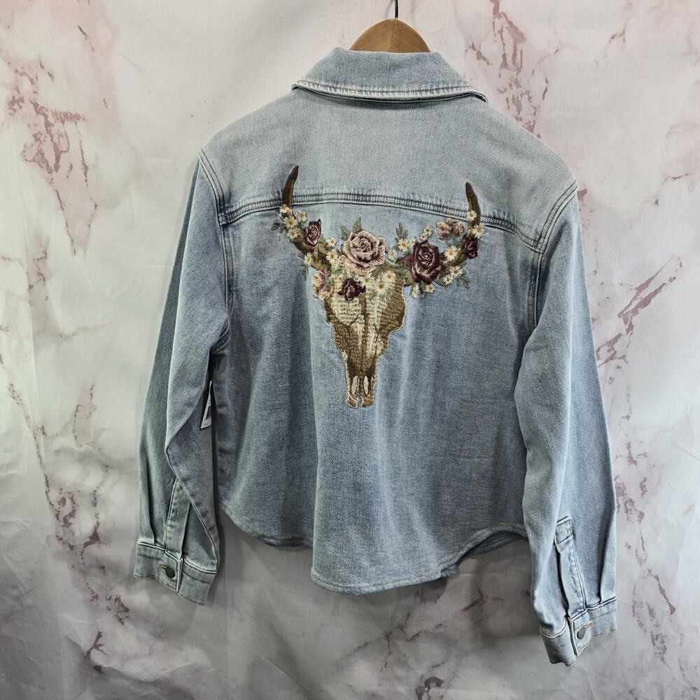 Driftwood Jacket Womens Large Jean Denim Embroidered Cow Skull Mesa Rose